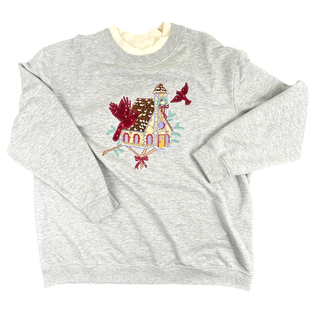 VTG Holiday Sweater‎ 90's Women XL Sweatshirt Gray Embroidered Cardinal